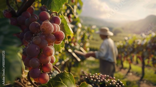 A farmer harvesting grapes in a biodynamic vineyard, high-quality and sustainable produce photo