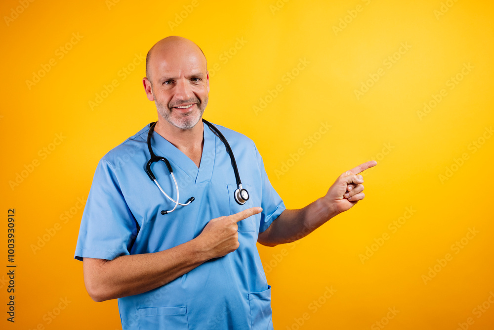 A doctor pointing to the left side with his fingers. A doctor pointing to the left side with his fingers.