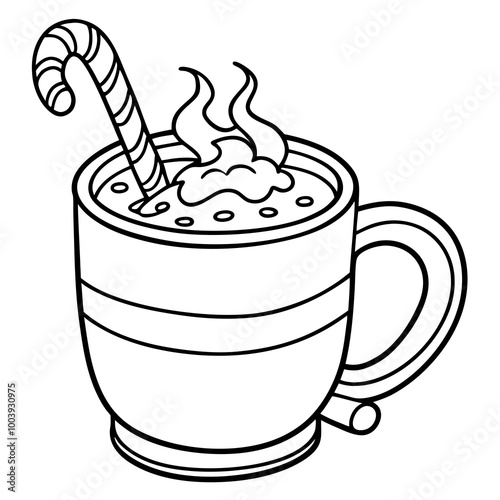 Cozy Hot Chocolate or Eggnog with Steaming Mug and Candy Cane line art vector