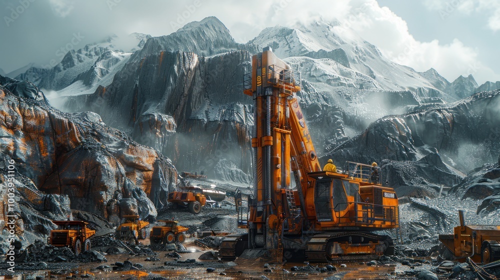 A driller operating a hydraulic drilling machine in a remote mining location, with rugged terrain and heavy machinery in the background A driller operating a hydraulic drilling machine in a remote mining location, with rugged terrain and heavy machinery in the background