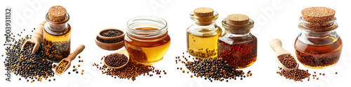 Vinegar and mustard seeds - Zesty and crunchy for pickling Isolated on Clear White Background Highly Detailed 