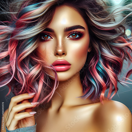 Beautiful woman, wind in curly rainbow bob hair, brown eyes