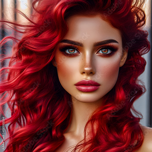 Beautiful woman, wind in long curly neon red hair, green eyes