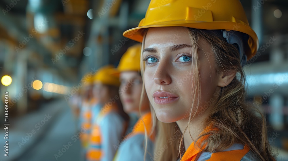 Focused Female Engineer in Construction Site with Safety Helmet and Vest
