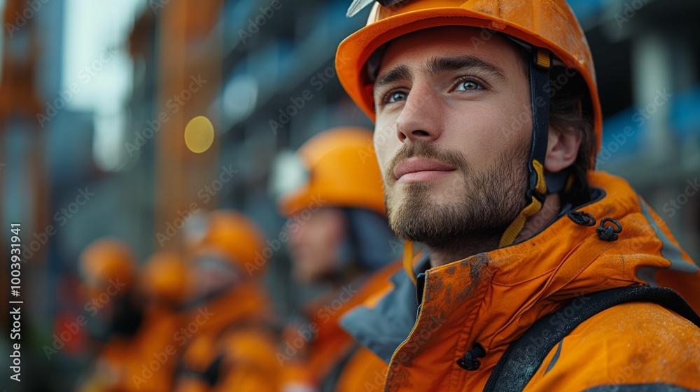 Focused Male Engineer in Protective Gear at a Busy Construction Site Focused Male Engineer in Protective Gear at a Busy Construction Site