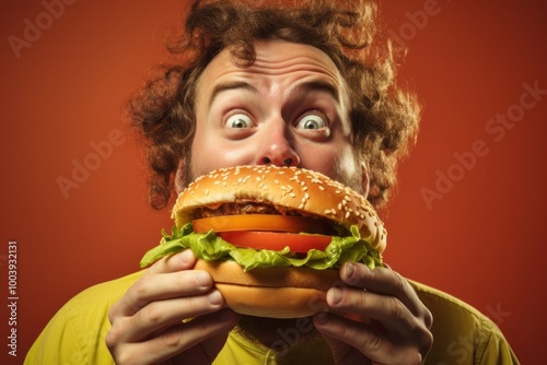 Man eating giant burger