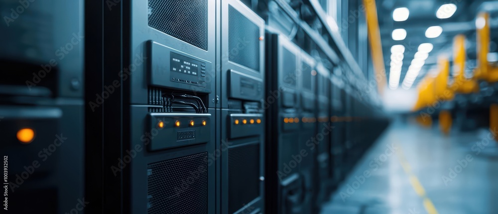 Modern data center with server racks in a high-tech environment. Modern data center with server racks in a high-tech environment.