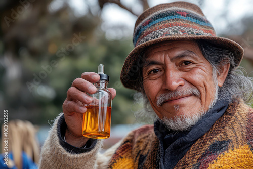 Smiling elderly man holding a small bottle of oil outdoors photo