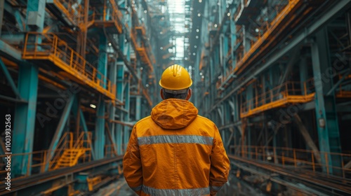 Construction Worker Surveying Large Industrial Machinery in a High-Tech Manufacturing Facility