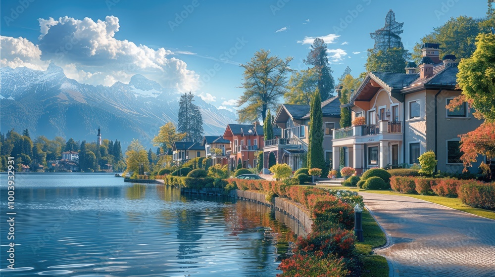 Obraz premium A beautiful houses by lake, garden walkway, town.