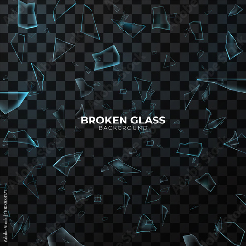 3d realistic vector icon. Broken glass, cracked hole with broken pieces with flying around cracks. Isolated on transparent background.