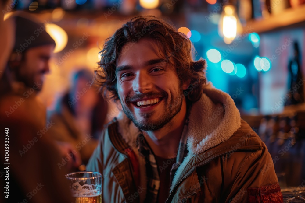 Smiling man enjoying a drink in a cozy pub with warm lighting, casual social atmosphere
Smiling man enjoying a drink in a cozy pub with warm lighting, casual social atmosphere