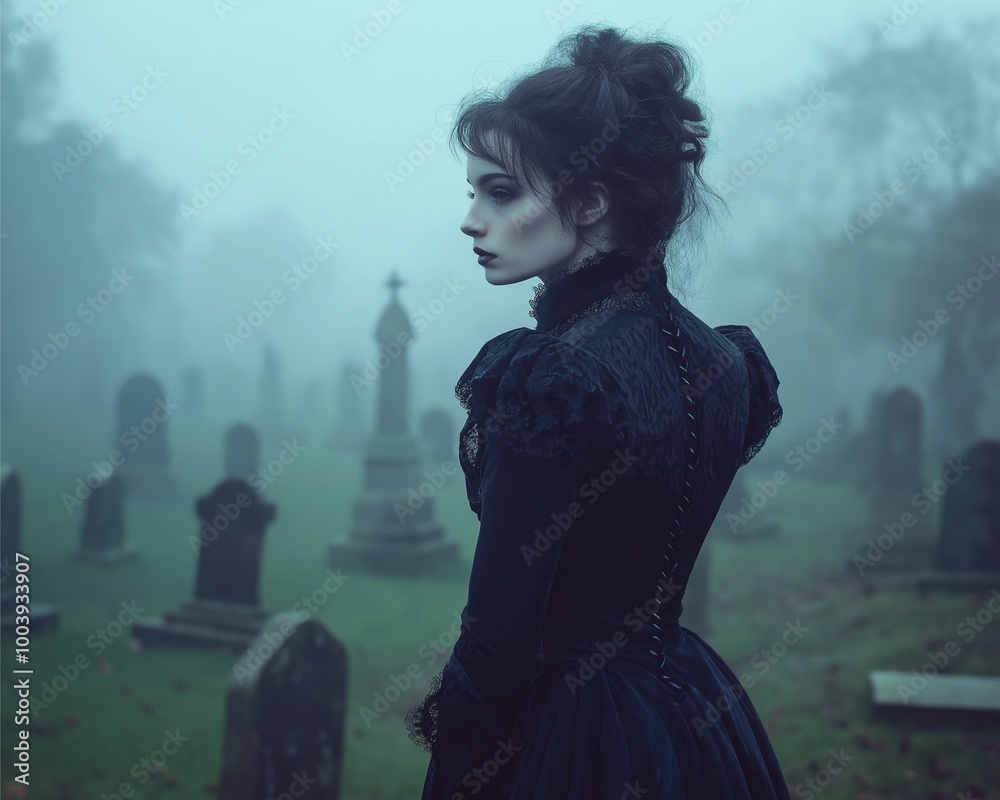 A mysterious woman in a Victorian gothic dress, standing in a fog ...