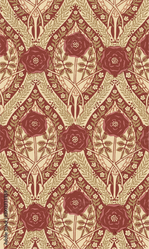  intricate art nouveau floral pattern with red roses, leaves, and stems on a beige background.