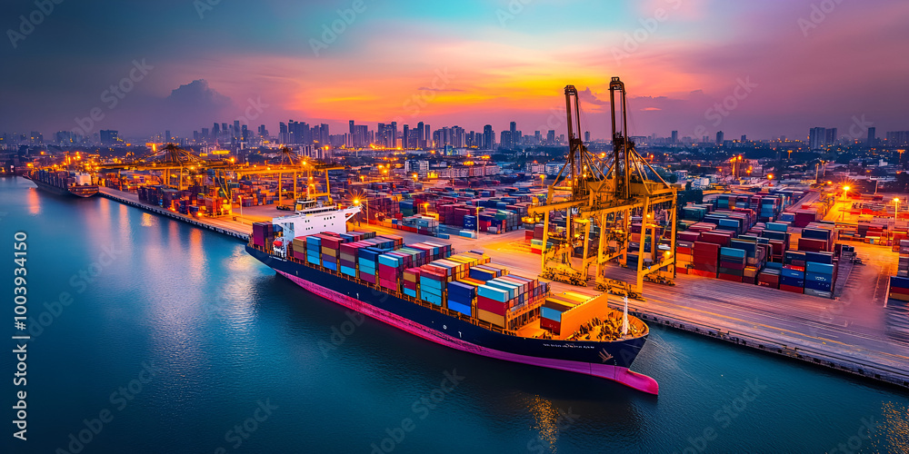 Industrial Sunset: Vibrant Port with Cargo Containers Industrial Sunset: Vibrant Port with Cargo Containers