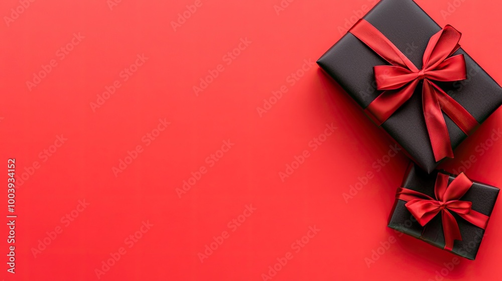 A black gift box adorned with a vibrant red ribbon is placed on a textured gray surface, perfect for Black Friday promotions and festive gifting ideas A black gift box adorned with a vibrant red ribbon is placed on a textured gray surface, perfect for Black Friday promotions and festive gifting ideas