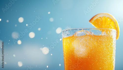 Refreshing orange drink with ice, garnished with a slice of orange on a blue background.