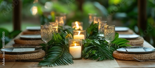 Fototapeta Naklejka Na Ścianę i Meble -  A tropical table setting with candles, greenery, and place settings.