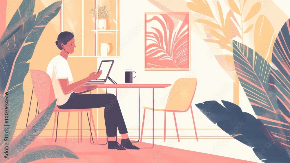 Person working on a tablet in a cozy, plant-filled workspace. Person working on a tablet in a cozy, plant-filled workspace.