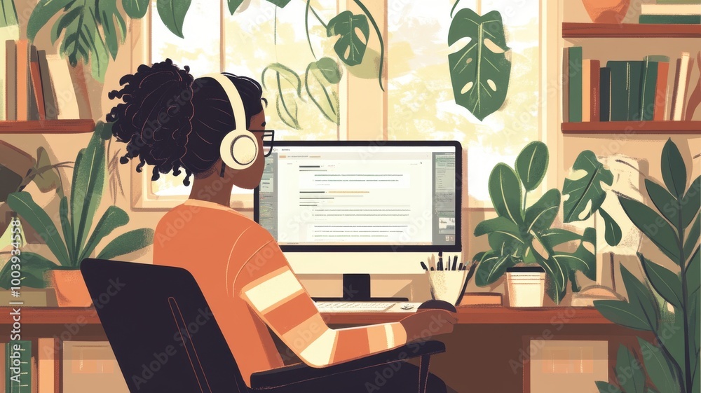 Person working at desk with plants, wearing headphones, focused on computer screen. Person working at desk with plants, wearing headphones, focused on computer screen.