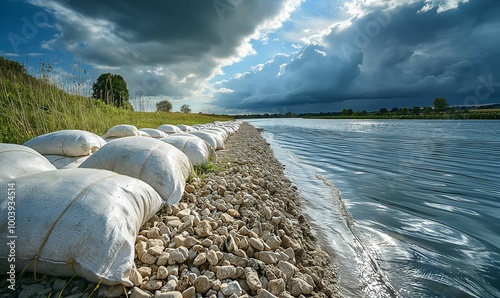 Sandbags lined up along a rocky riverbank for flood protection, dramatic clouds and rippling water
 photo