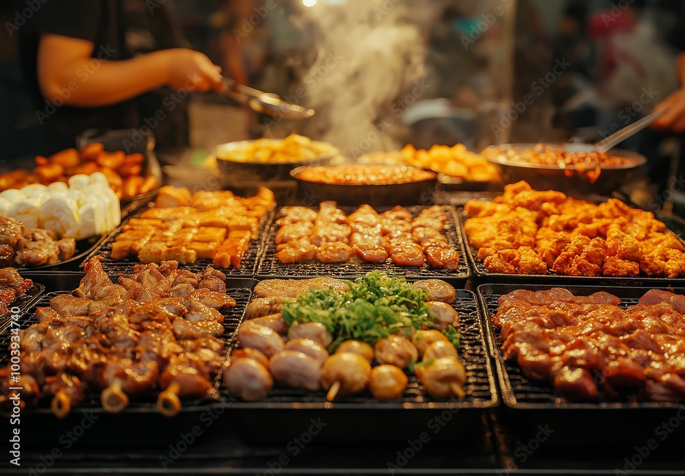 Naklejka premium Assorted grilled meats and vegetables at a street food market, smoky and vibrant night food scene 