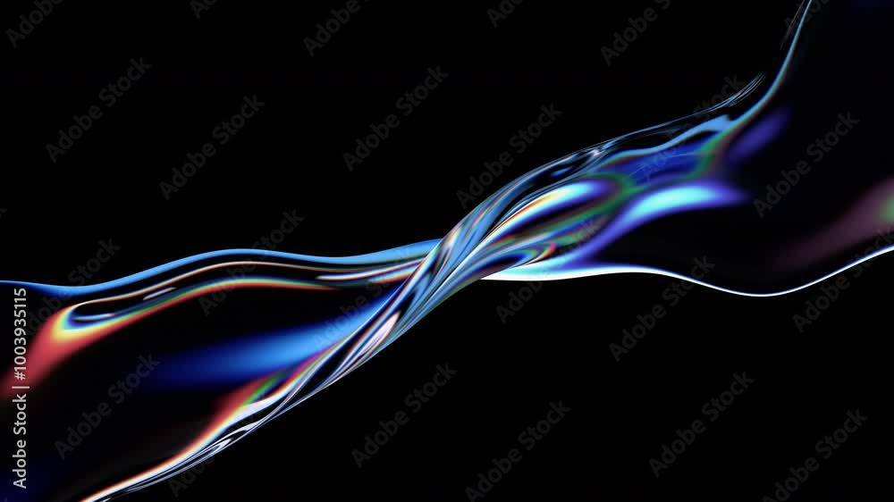 Abstract animation, iridescent wavy shape on black background, 4k looping video, 3d render