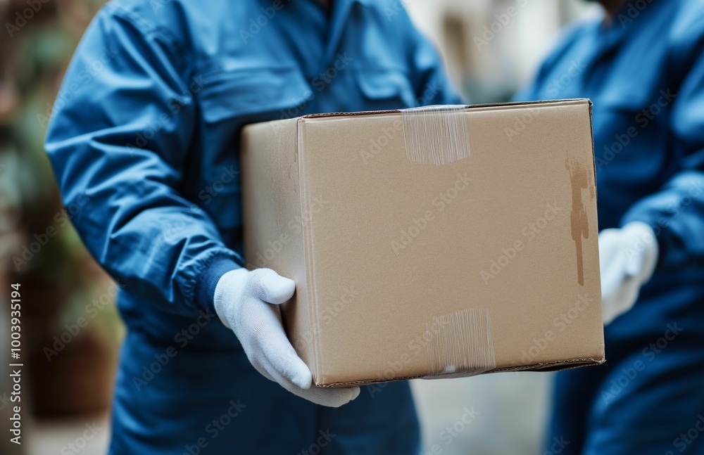 Delivery workers in blue uniforms handling a cardboard package, close-up view of hands with gloves during parcel delivery
Delivery workers in blue uniforms handling a cardboard package, close-up view of hands with gloves during parcel delivery