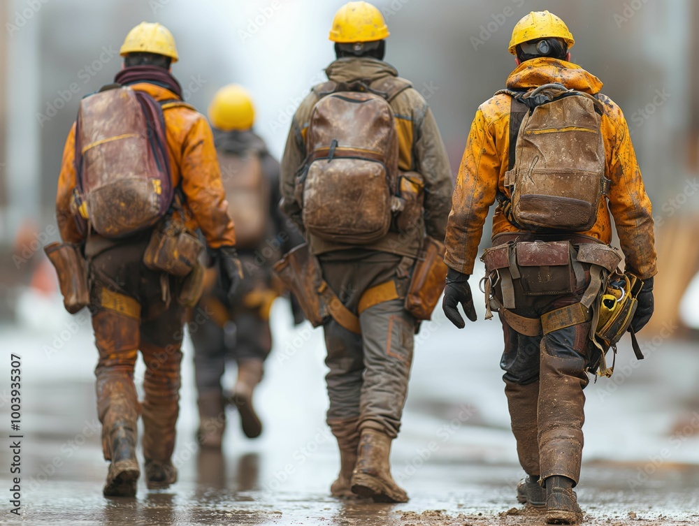 Group of construction workers walking on a muddy worksite, wearing yellow hard hats and backpacks, teamwork and manual labor
