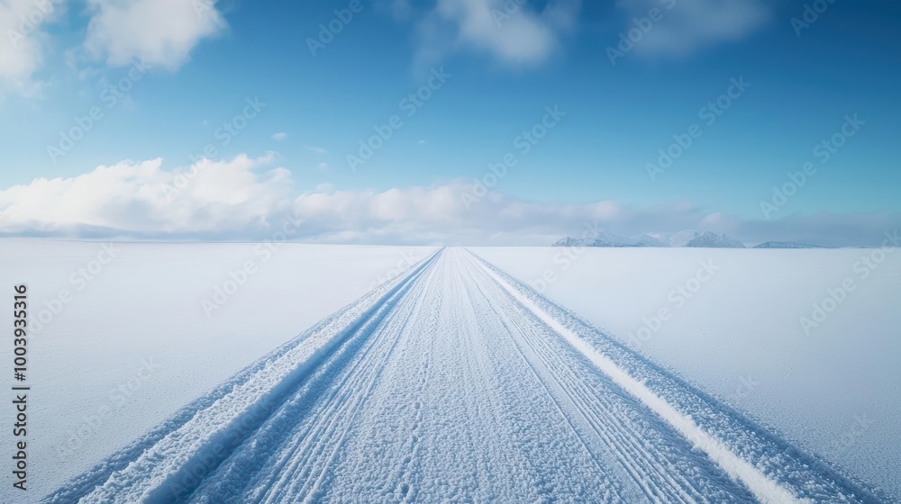 Snowy landscape with tire tracks leading into the horizon under a clear blue sky. Snowy landscape with tire tracks leading into the horizon under a clear blue sky.