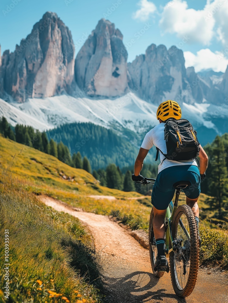 Fototapeta premium Mountain biker riding on scenic trail in the Dolomites, adventure cycling with stunning alpine landscape and rugged peaks 