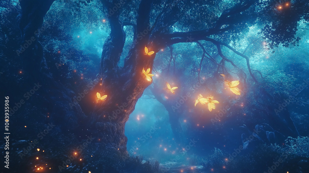 A enchanted forest with trees that have glowing leaves, mythical creatures like fairies and unicorns wandering among the mist A enchanted forest with trees that have glowing leaves, mythical creatures like fairies and unicorns wandering among the mist