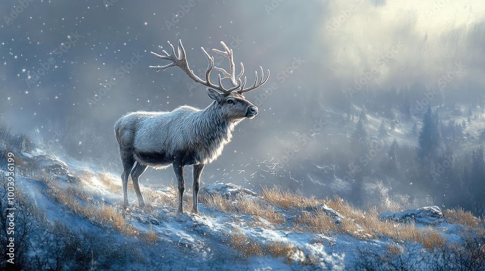 Obraz premium A majestic reindeer stands in a snowy landscape, surrounded by mist, capturing the serene beauty of winter wilderness.