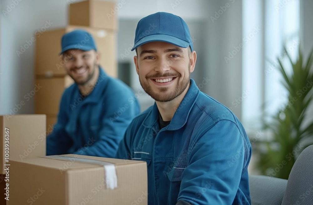 Smiling movers in blue uniforms packing boxes, professional moving service team in modern home during relocation
Smiling movers in blue uniforms packing boxes, professional moving service team in modern home during relocation