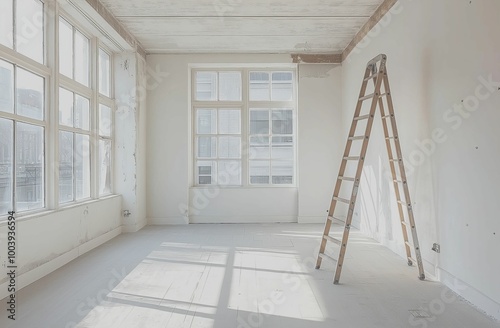 Empty bright room with large windows and wooden ladder, minimalist interior under renovation with natural light
