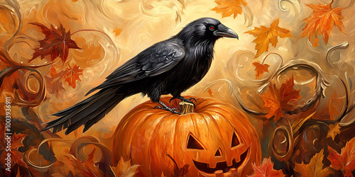 Autumn’s Mystique: Raven and Pumpkin Amid Falling Leaves photo