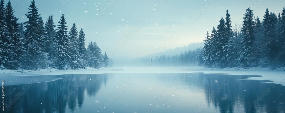 Fototapeta premium A serene winter landscape with a tranquil lake reflecting snow-covered trees under a soft snowfall.