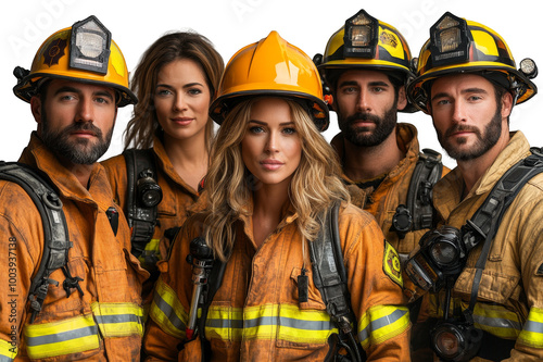 Fire brigade consisting of men and women on transparent background