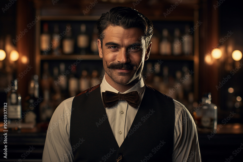 Classic bar pub with professional bartender barkeeper barman, Generative AI illustration photo Classic bar pub with professional bartender barkeeper barman, Generative AI illustration photo