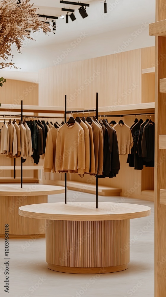 A well-arranged clothing display showcases a gray jacket paired with a white and green shirt. The spacious mall environment highlights casual fashion options effectively A well-arranged clothing display showcases a gray jacket paired with a white and green shirt. The spacious mall environment highlights casual fashion options effectively