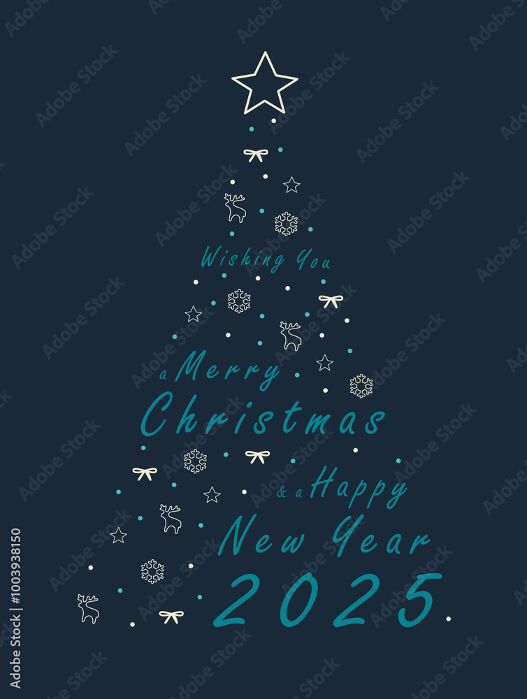 Elegant blue new year 2025 greeting card with white Christmas ornament outline in triangle shape. handwriting pattern Elegant blue new year 2025 greeting card with white Christmas ornament outline in triangle shape. handwriting pattern
