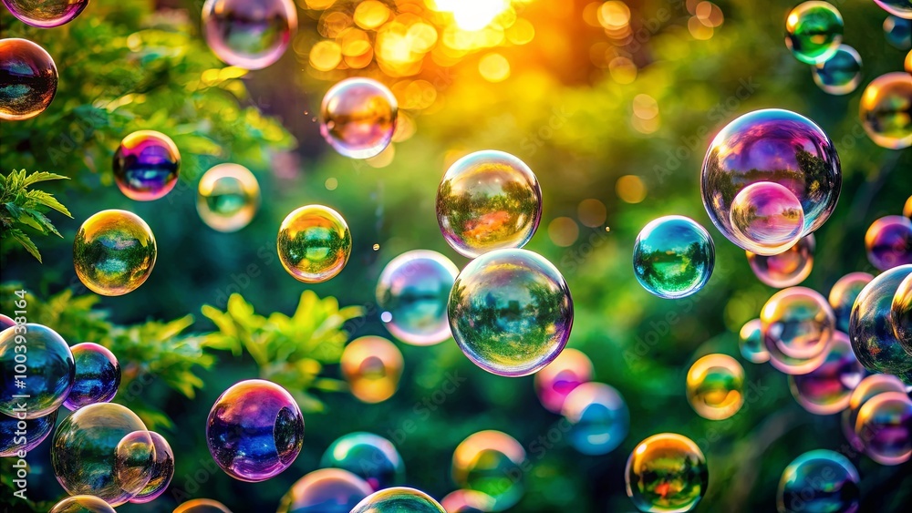 Naklejka premium Sunlight illuminates a field of iridescent bubbles, their delicate surfaces reflecting a kaleidoscope of colors and shimmering with light.