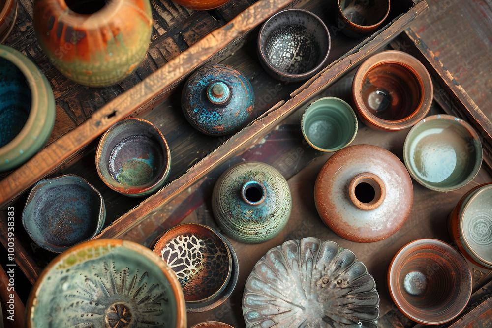 Fototapeta premium Generative AI photo craftsman shaping clay pot on spinning wheel in pottery studio surrounded by ceramic pieces