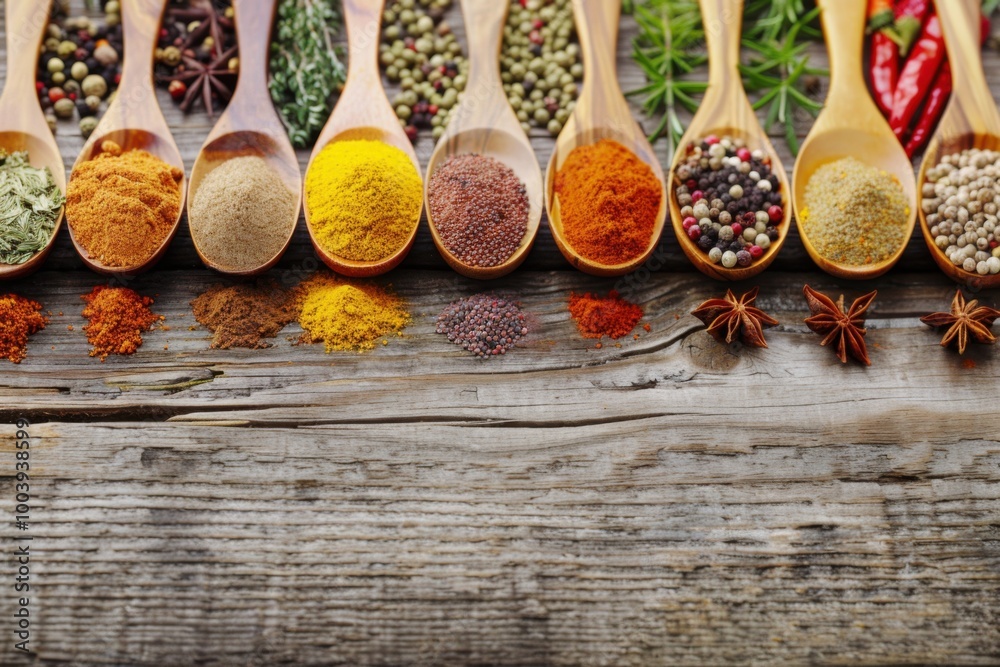 Assortment of Gourmet Spices in Wooden Spoons on Rustic Table: Perfect for Culinary Food Styling Ideas Assortment of Gourmet Spices in Wooden Spoons on Rustic Table: Perfect for Culinary Food Styling Ideas