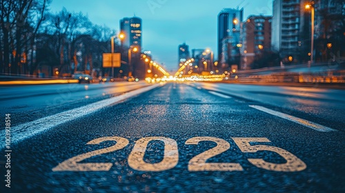 An urban cityscape at night showcases a bustling road with illuminated buildings and the year 2025 boldly marked, representing a vibrant, futuristic metropolis.