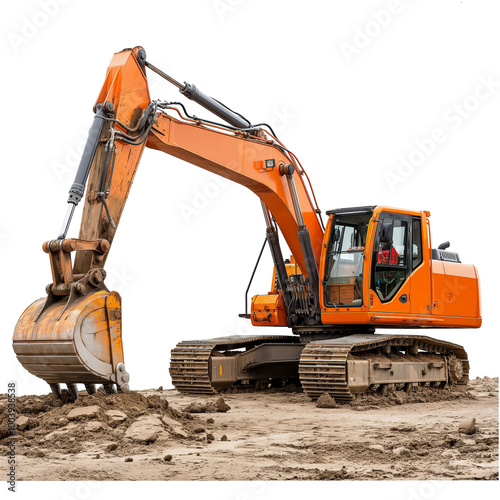 Orange excavator on transparent background, modern heavy construction equipment digging on dirt, industrial machinery for earthmoving projects
 photo