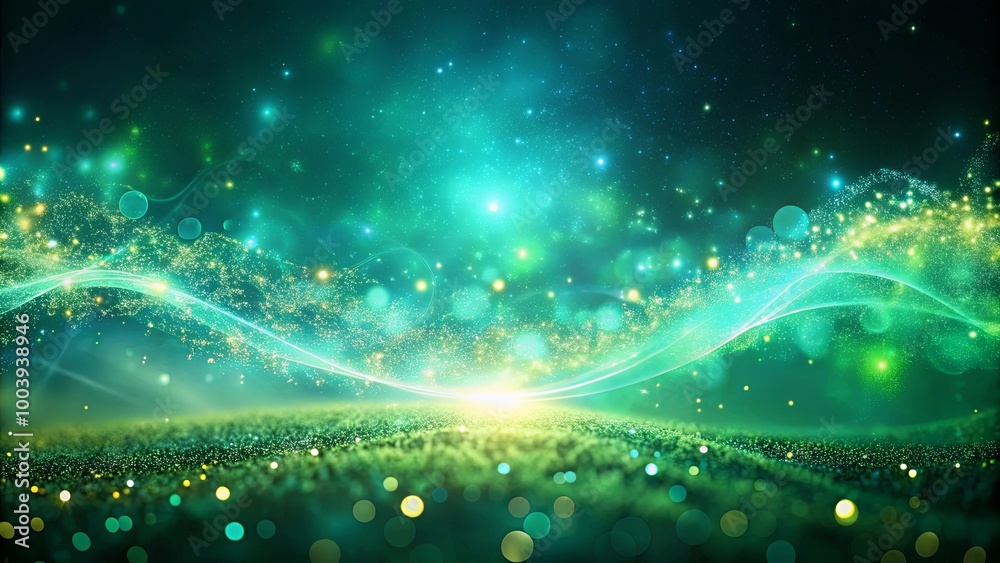 Naklejka premium A shimmering wave of light dances through a field of sparkling green dust, creating a magical and ethereal backdrop.