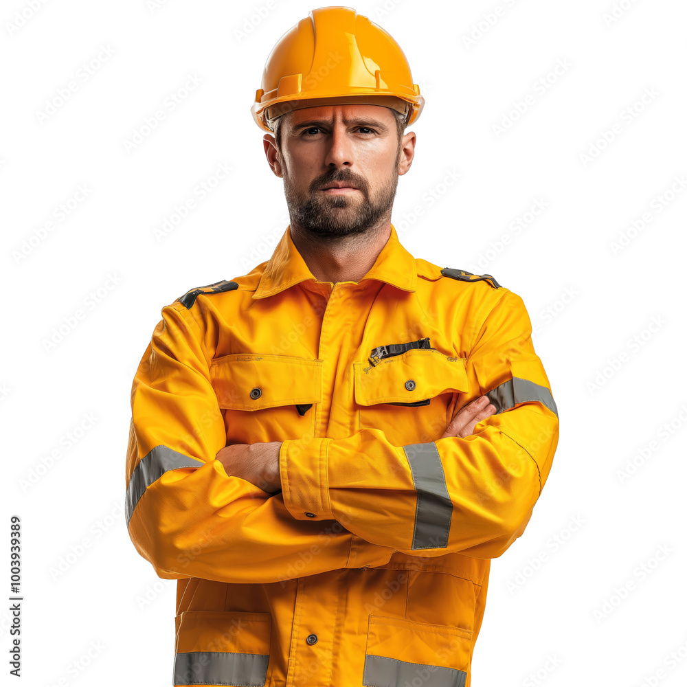 Construction worker in yellow safety gear and hard hat on transparent background, male engineer in protective workwear with arms crossed
Construction worker in yellow safety gear and hard hat on transparent background, male engineer in protective workwear with arms crossed