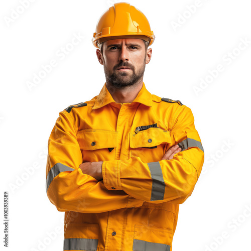 Construction worker in yellow safety gear and hard hat on transparent background, male engineer in protective workwear with arms crossed 