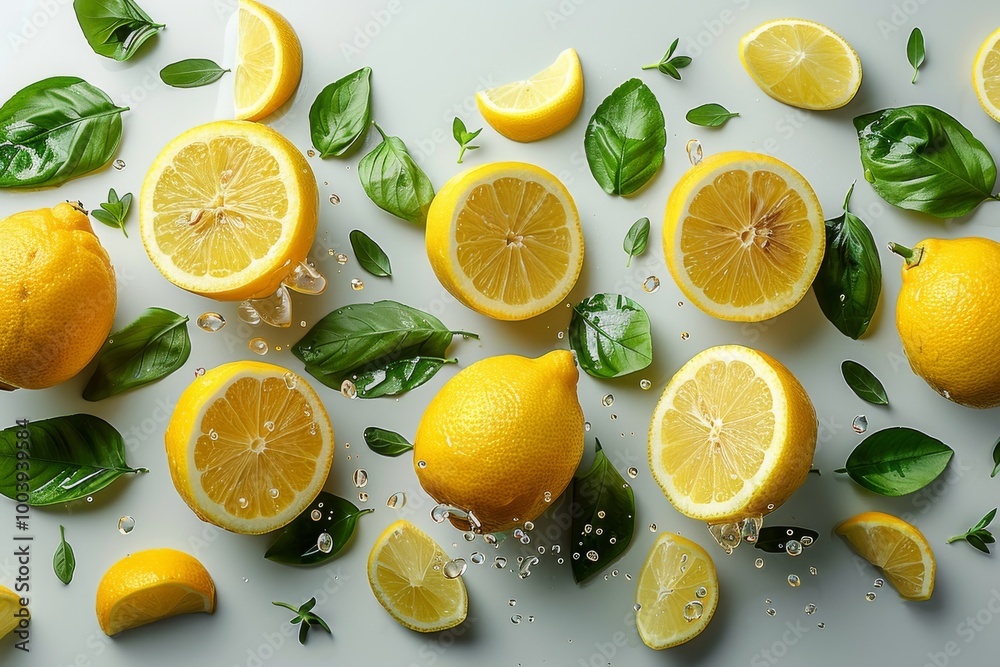 Lemon and half slices suspended in the air with green leaves with water. Generative AI
